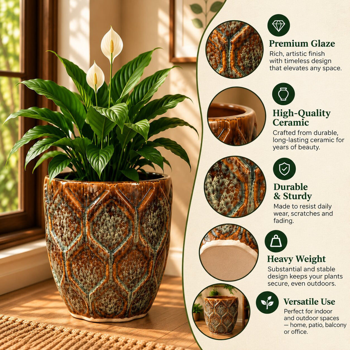 Brown glazed ceramic planter features: premium glaze, high-quality ceramic, durable, heavy weight, indoor and outdoor use