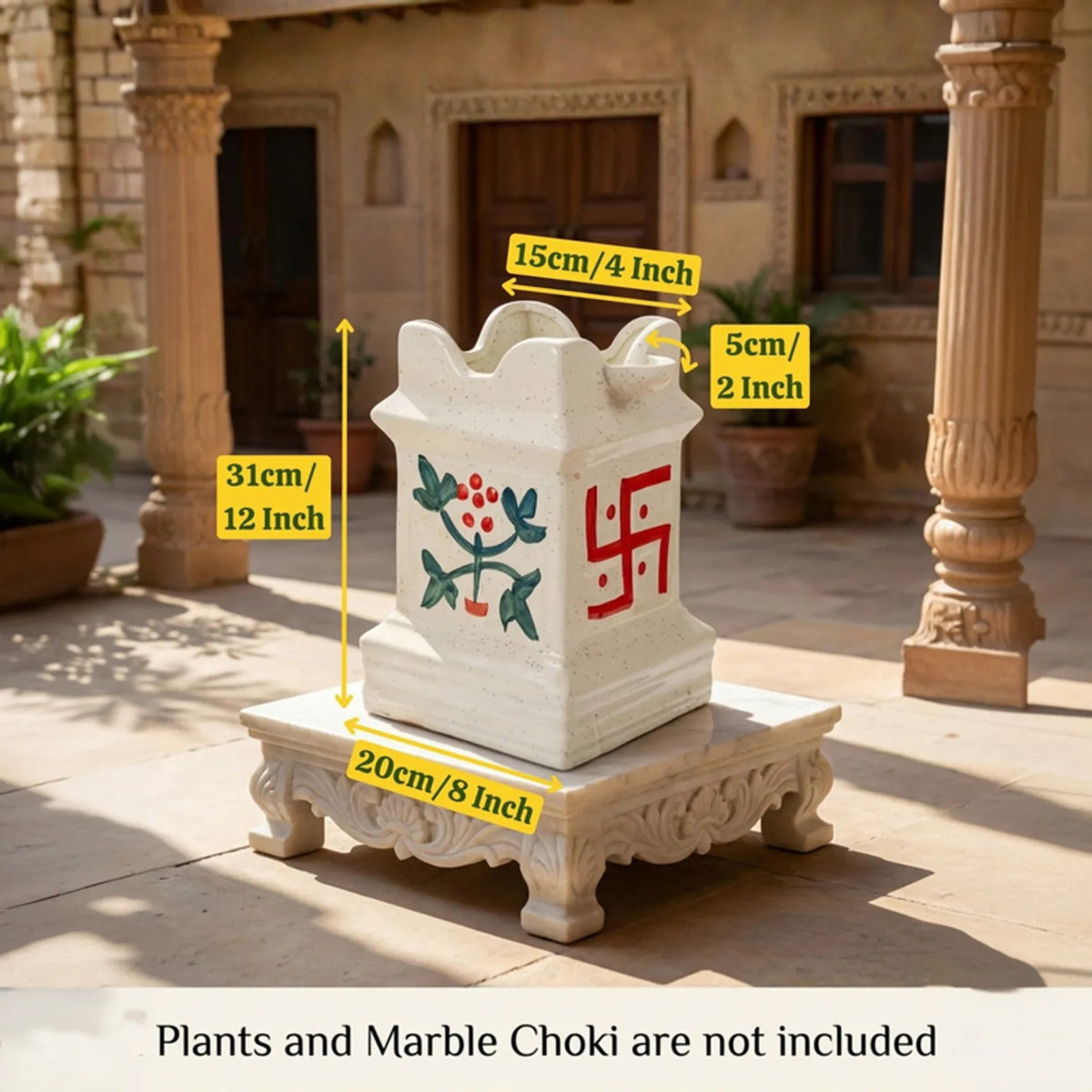 Tulsi planter dimensions: 31 cm tall, 20 cm base, 15 cm top opening, 5 cm diya holder