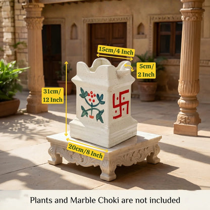 Tulsi planter dimensions: 31 cm tall, 20 cm base, 15 cm top opening, 5 cm diya holder