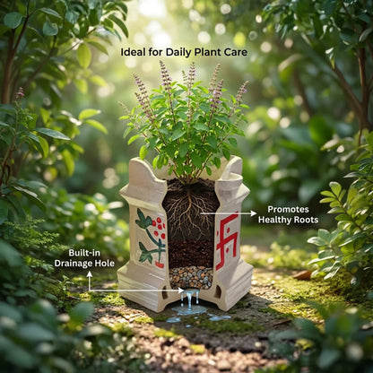 Cut-away view of the Tulsi planter showing the drainage hole and root space