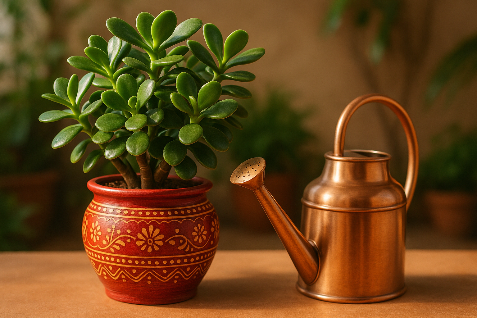 Watering can on good luck jade plant in the red chudi pot